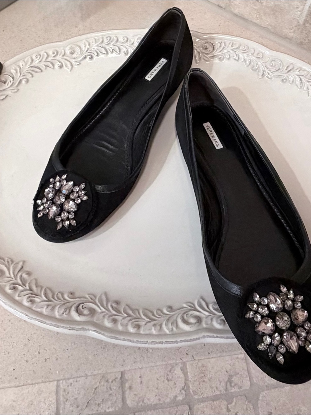 Vera Wang Black Jeweled Round-Toe Ballet Flats
